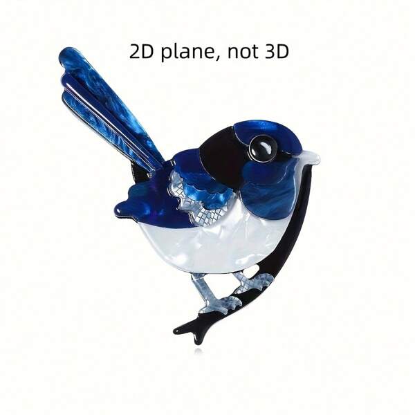 Handgefertigte Acryl Vogel Brosche - Bezauberndes sitzendes Design, blaue & weiße Federn mit schwarzen Akzenten, verspielter Blick - Modisches Accessoire für Damen, lässiger Party-Outfit, einzigartiges Geschenkidee, Hochglanz Dekoration