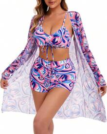 Full Print String Bikini With Beach Cover Up Kimono 3-Pieces Geometric Print Bikini Sets, V Neck Boxer Short Bottom With Cover Shirt Long Sleeves Swimsuit, Women's Swimwear & Clothing Valentine's Day - 紫色 - 查看 2