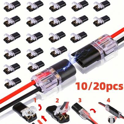10/20pcs Dual-Wire Connector, 2 Pin 2 Port, PVC Insulation, Copper Contact Material, Quick Connect Terminal, Non-Energized Power Mode, With Locking Clip, For LED String Connection
