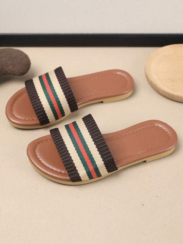 1 Pair Children Summer Woven Striped Open Toe Casual Sandals, Fashionable Flat Beach Shoes For Boys And Girls, Suitable For Daily Wear, Holiday And Travel