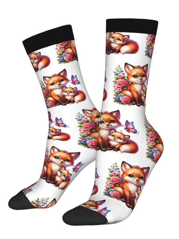 Cute Fox Butterflies Socks Women Men, Calf Knee High Socks For Athletic Running Cycling
