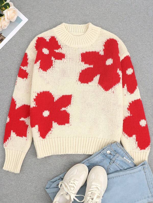 Spring And Autumn New Women's Casual Fashion Contrast Color Floral Pattern Ribbed Long Sleeve Women's Knitted Pullover