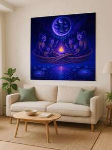 1Pc Mystic Cat Tapestry, Cosmic Cats Wall Art, Spiritual Fire Circle Room Decor,Celestial Feline Tapestry, Moonlit Scene Home Decor,Olyester Fiber Material,For Bedroom,Study,Dormitory,Living Room,Restaurant,Bar,Corridor,Studio,Etc,Frameless