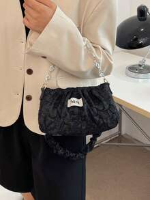 简约褶皱亮片纯色手提包，时尚亮片百搭单肩包，优雅褶皱云形手提包，搭配褶皱亮面 PU 皮革 - 黑色 - 查看 5