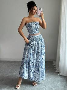 女士全印花无肩带休闲优雅沙滩婚礼两件套（上衣和裙子）夏季 - 藍色 - 查看 6