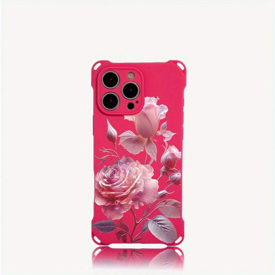 Funda para teléfono 1 pieza, diseño de patrón rosa con cuatro esquinas, funda para teléfono colgante S, adecuada para 15 Plus 13 Pro 14 16 12, fundas blandas impresas de TPU - Colores mixtos 1 - Ver 1