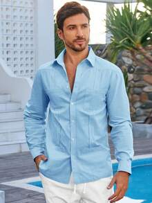 Runcati Mens Guayabera Linen Shirts Long Sleeve Button Down Casual Summer Beach Shirt Tops - Màu xanh da trời - Xem 1