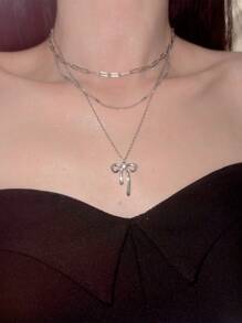 Luxurious Sweet Rhinestone Bowknot Faux Pearl Necklace, Dainty Delicate Collar Necklace Accessory For Women