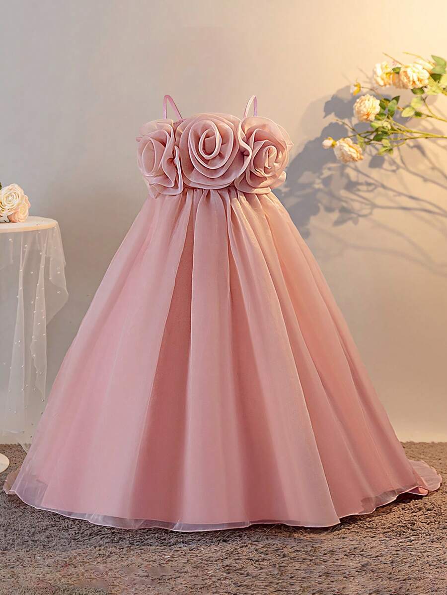 Tween Girls 3D Pink Floral Trailing Wedding Flower Girl Dress, Elegant Bridesmaid Pageant Party Gown For Birthday, Graduation, Prom - 粉色 - 查看 1