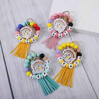 Letter Silicone Wristband Keychain, Elastic Bracelet + Tassel Design, Beautiful And Keychain Anti-Lost, With Metal Ring To Hang USB Etc. Small Items, Suitable For Graduation, Teacher's Day, Gifts For Friends