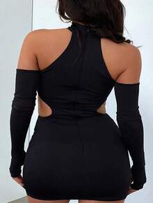 大码女式性感镂空紧身圆领露肩迷你连衣裙，大码秋季服装，万圣节服装女装