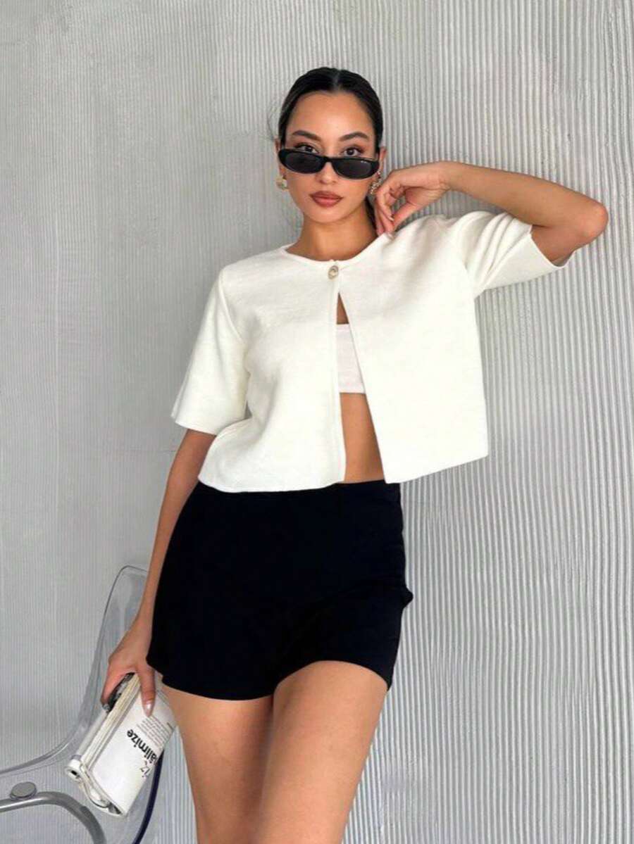 Áo len cardigan dệt kim đơn màu trơn dành cho nữ, tay ngắn - trắng - Xem 1