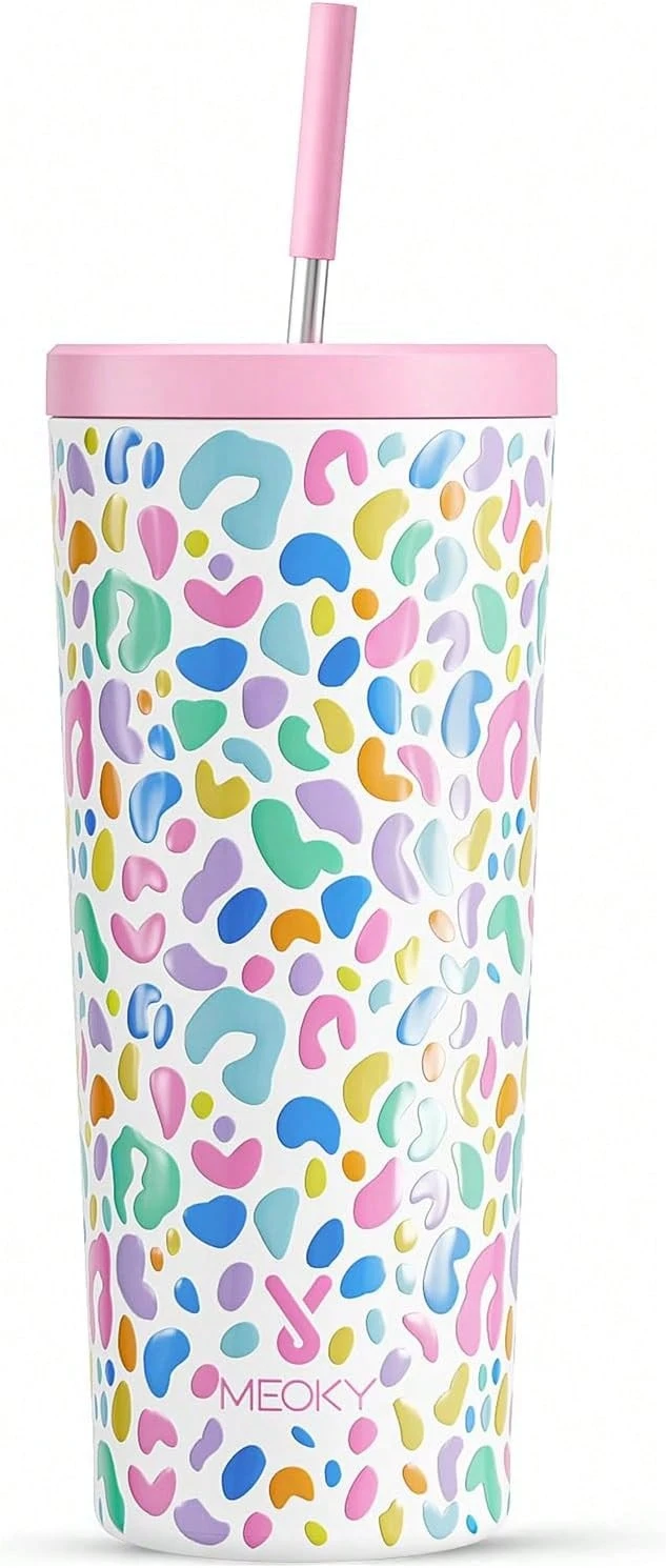 24 Oz Insulated Tumbler With Lid And Straw, Stainless Steel Vacuum Insulated Tumbler, Keeps Cold For 24 Hours, 100% Leak Proof, Fits In Car Cup Holder (Kiss) - 豹 - 查看 1