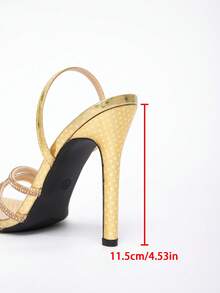 女士露趾星形高跟凉鞋，水钻装饰踝带，优雅高端派对正装鞋，金色