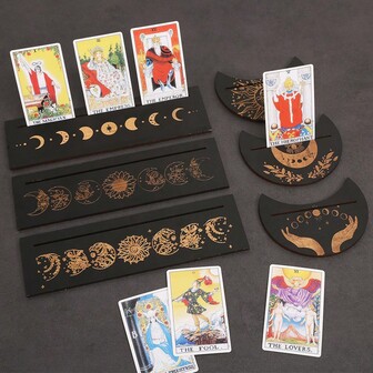 1pc 25cm X 22cm Wooden Tarot Card Holder Stand, Gothic Bohemian Style Occult Display Rack With Moon/Sun/Palm Patterns, Suitable For Tarot Cards, Oracle Cards, Meditation - Home, Office Or Spiritual Space Decor