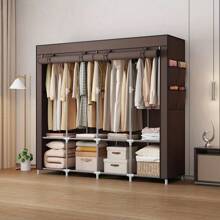 Armario a prueba de polvo de múltiples colores y estilo sencillo para el hogar, dormitorio y alquiler, de ensamblaje resistente, armario de tela sencillo, organizador de almacenamiento y ropa premium, armario de tela grande. 1 pieza Armario doble grande reforzado con marco de metal y tubos de acero engrosados - Fácil de montar, amplio almacenamiento para el hogar y propiedades de alquiler, armarios portátiles