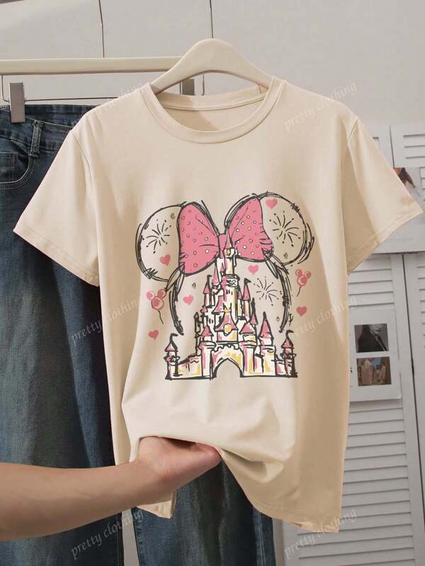 Disney Women's New Round Neck Short Sleeved Plus Size Summer, Casual Style Anime Patterns Printed Plus Size Round Neck T-Shirt, Sweet And Gentle Temperament, Slim And Comfortable Summer Tops, Suitable For Daily Casual Wear, Graphic Tees Women, Khaki Colored Top, Summer Outfits For Women