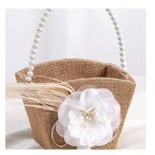 Canasta de flores para niña de las flores de boda, canasta clásica de arpillera con asa de perla