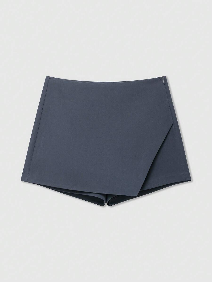 女士时尚休闲纯色不对称裹身短裙，简约时尚夏季裙裤 - 深灰色 - 查看 1