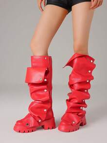 Women Mid Calf Boots Platform Heels Ruch Boots Knee High Fold Over Chunky Heel Short Booties Round Toe Wide Calf Pull-On Shark Boots Daily Party Y2K Dress Boots For Woman - Đỏ A - Xem 4