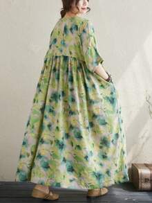 2025夏季新款加大码绿色连衣裙，休闲宽松褶皱单肩连衣裙，波西米亚风度假沙滩裙，女士宽松印花连衣裙，单件随机印花连衣裙 - 綠色 - 查看 7