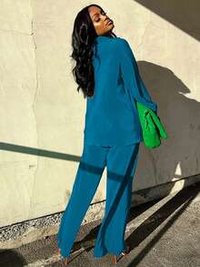 2pcs Women's Casual Printed Pleated Shirt & Wide Leg Pants Set Spring - Cobalt Blue - View 5