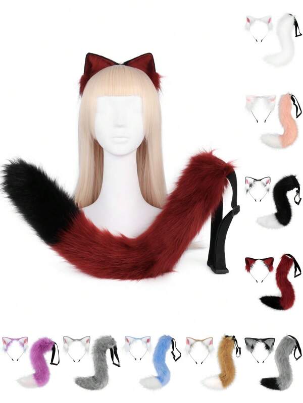 Set de 9 piezas de diadema con orejas de zorro y decoración de cola esponjosa de colores múltiples, accesorio de disfraz adecuado para fiestas, actuaciones en el escenario y Halloween