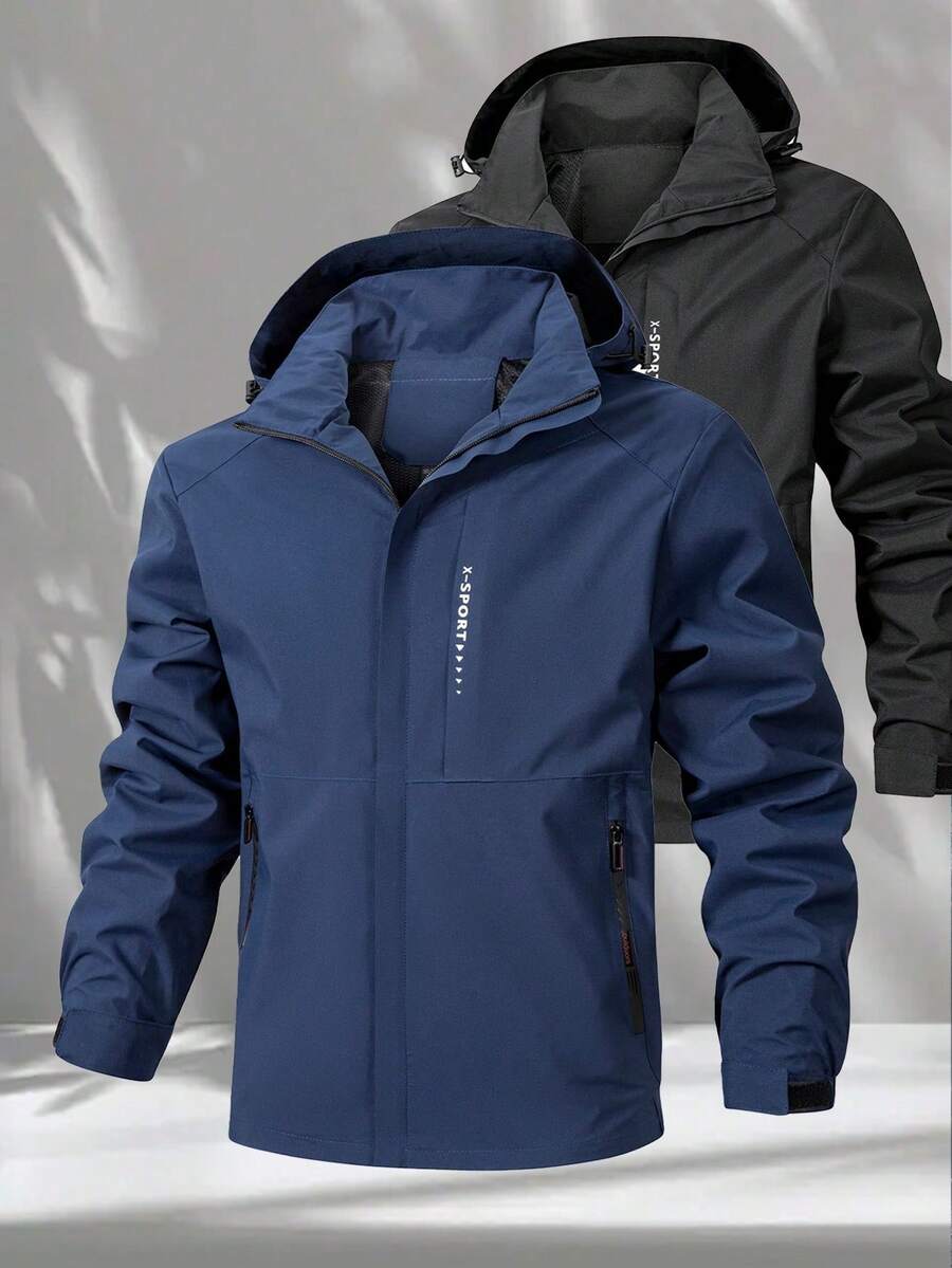 Men's Jacket, Spring & Autumn Men's Solid Color Patchwork Design Zipper Hooded Minimalist Jacket With Zipper Pockets, Outdoor Jacket - الأزرق - مشاهدة 1