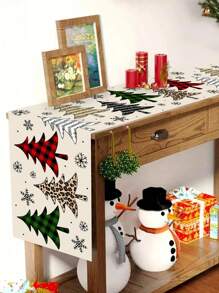 1 pieza Mantel de poliéster de 35*180cm/13.78*70.87 pulgadas, decoración de árbol de Navidad y copos de nieve, fondo simple de color crema estilo nórdico para decoración de mesa de comedor en fiestas, cenas y eventos navideños
