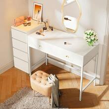 Vanity Desk With Drawers, 47 Inch Computer Desk, Modern Simple Home Office Desk, Makeup Dressing Table Bedroom - White And Gold, 7997G - White - View 7