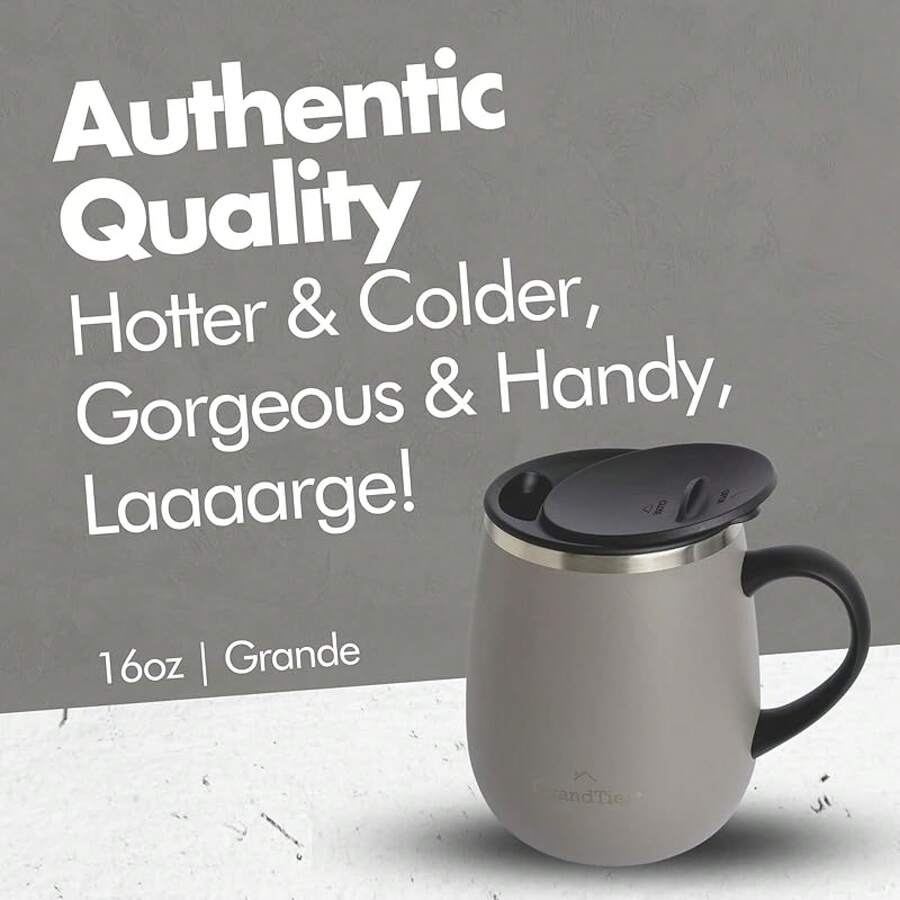 GRANDTIES - Taza de café aislante con asa, tapa deslizante para evitar salpicaduras, termo con forma de copa de vino de 16 oz con doble pared al vacío de acero inoxidable - Café con leche - Ver 1
