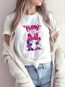 Cartoon Print Ladies' T-Shirt, Casual Round Neck T-Shirt For Spring And Summer