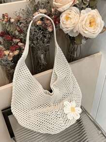 Hollow Out Weave Straw Bag Bohemian Beach Handbag Hollow Tote Bag Large Capacity Shopping Beach Bag Fashion Hollow Out Weave Straw Bag Beach Handbag Bohemian Style Beach Bag Slouchy Style Large Capacity Hollow Tote Bag Vacation