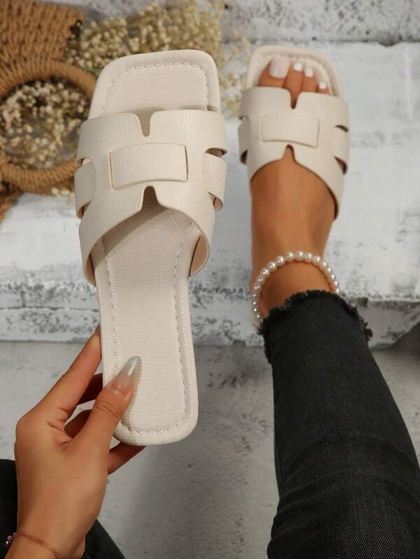 Women Plain Color Flat Slide Sandals, Casual Lightweight Open Toe Summer Shoes, Outdoor Beach Slippers