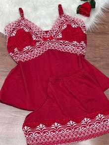 Short Doll Women's Pajama Set/ Two-Tone Lace - Watermelon Pink - View 2