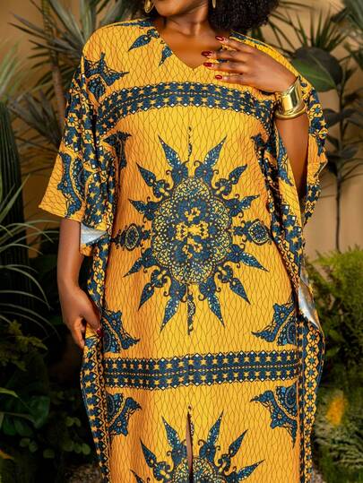 Faeriesty 大码V领蝙蝠袖前开衩连衣裙 - 飘逸、修身、舒适，适合日常穿着 | 度假、休闲外出、公园漫步、日常通勤