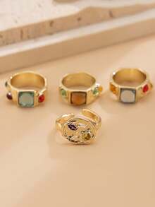 4 件套几何水钻猫眼宝石戒指，液态金属亮面戒指套装，适合女性日常佩戴和送礼 - 金色 - 查看 2