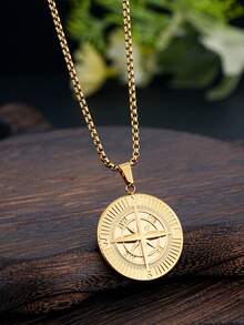 1 件时尚不锈钢圆形氧化指南针装饰项链，适合男士日常佩戴 - 彩色 - 查看 4