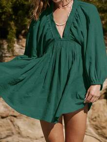 全新优雅时尚性感深 V 领泡泡袖休闲迷你连衣裙，度假波西米亚风/西部风/热带风/太阳裙，春/夏 - 墨綠色 - 查看 4