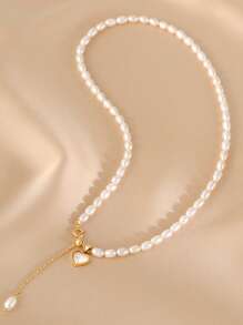 1pc Cultured Pearl Necklace With Gold Heart Pendant - Minimalist Sexy Beaded Necklace, Suitable For Daily Wear And Parties, Ideal Gift For All Seasons