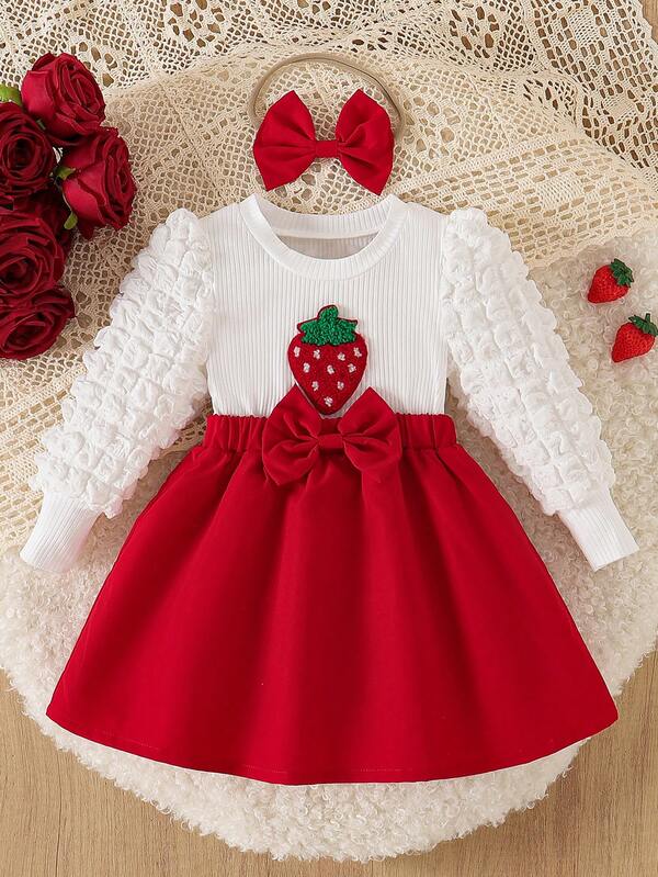 Baby Girls Cute Strawberry Applique Popcorn Print Long Sleeve Bow Patchwork Round Neck Dress With Hairband