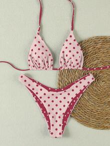 新款春夏性感休闲优雅女士蜜桃波点吊带比基尼沙滩度假约会泳衣套装 - 彩色 - 查看 3