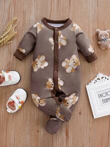 婴儿男女通用卡通泰迪熊印花长袖连体衣