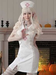 Women Nurse Costumes Cross Short Sleeve Collared Mini Dress With Hat Halloween Cosplay Outfit - White - View 4