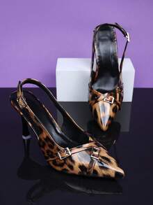 1 Đôi giày cao gót da bóng họa tiết da báo màu nâu dành cho thiếu niên có khóa kim loại hình chữ thập, mũi nhọn, thiết kế gót thấp, thích hợp cho tiệc tùng, mua sắm, du lịch, nghỉ dưỡng, mùa hè - màu nâu - Xem 6