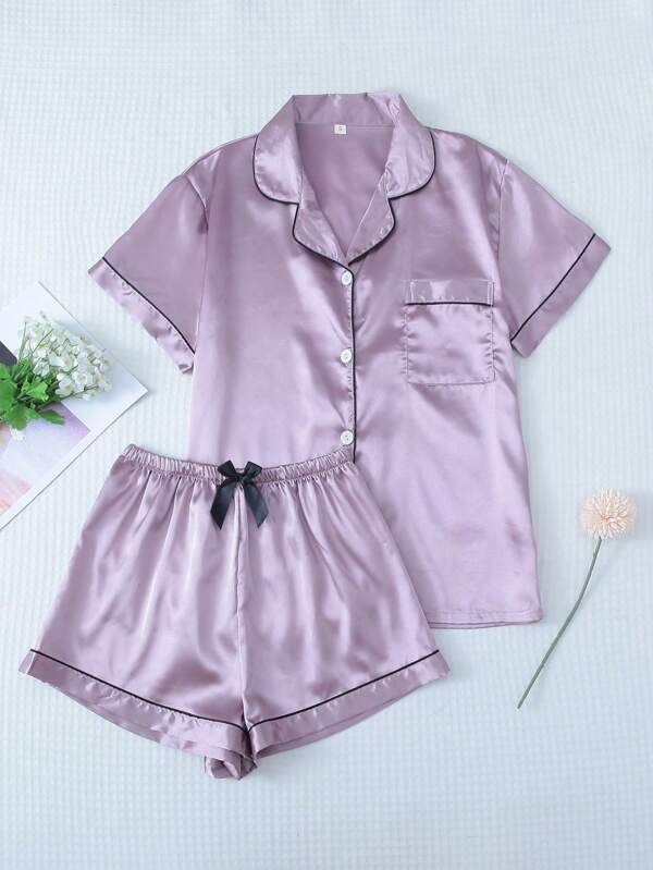 Blusa de solapa de satén para mujeres y traje de pijama para pantalones cortos con lazo,Pijamas y ropa de casa, conjuntos de dos piezas