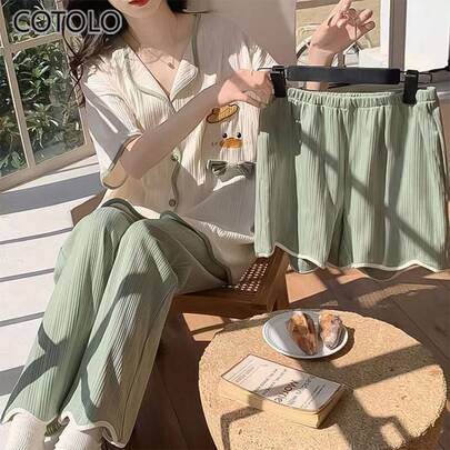 COTOLO Conjunto de Pijamas de Mujer 3 Piezas para Primavera Verano y Otoño con Estilo Dulce de Dibujos Animados Blusa de Manga Corta con Short y Pantalón Largo,pijamas de mujer,pijama,pans de mujer,pijamas