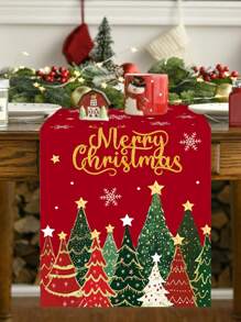 1 pieza Mantel de Navidad de 35 * 180 cm / 13.78 * 70.87 pulgadas, tela con estampado de árbol de Navidad con copos de nieve rojos, adecuado para mesas de cena navideña, decoraciones de fiesta de Navidad, reuniones familiares de invierno, mesas de comedor y de café.