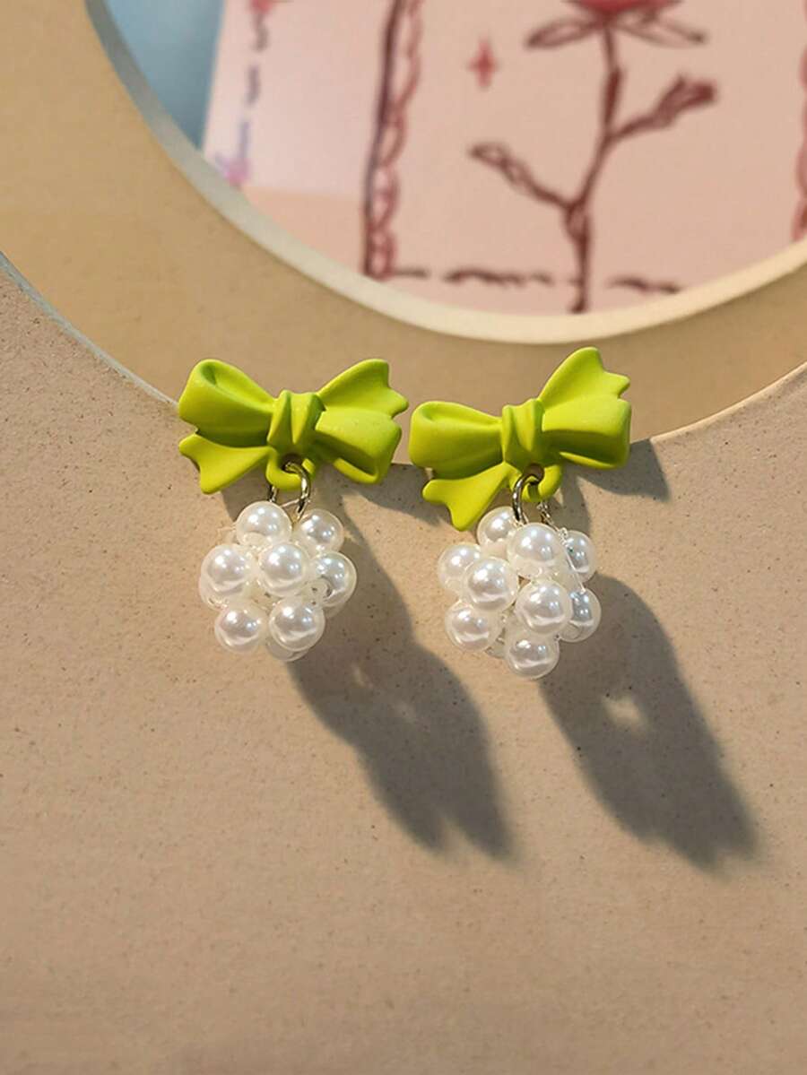 1 Pair Fashionable Faux Pearl Simple Green Bow Stud Earrings, Cute & Fresh For Sunny Summer - one-size - View 1