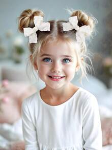 2 件女孩白色/粉色可爱优雅蝴蝶结发夹，纯色亚麻花朵印花和丝带手工蝴蝶结装饰，迷人装饰甜美可爱风格，适合日常穿着、派对、学校和春夏 - 彩色 - 查看 8